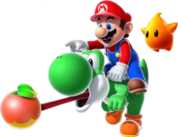 Super Mario Galaxy 2 promotional artwork: Co-Star Luma and Mario on Yoshi's back, who is eating a fruit