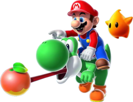 Super Mario Galaxy 2 promotional artwork: Co-Star Luma and Mario on Yoshi's back, who is eating a fruit