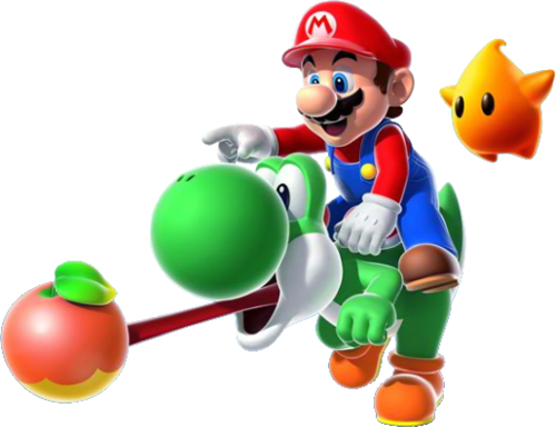 Super Mario Galaxy 2 promotional artwork: Co-Star Luma and Mario on Yoshi's back, who is eating a fruit