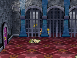 Mario getting the Star Piece under a hidden panel behind the first cell in the second room of Hooktail Castle in Paper Mario: The Thousand-Year Door.