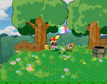 Mario getting the Star Piece in a tree in Petal Meadows in Paper Mario: The Thousand-Year Door.
