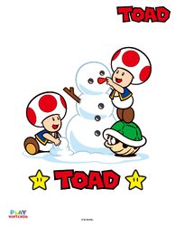 Fully-colored artwork of two Toads building a snowman from a paint-by-number activity