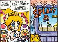 Princess Peach playing a video game resembling Super Mario Bros.