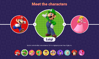 A gallery of the characters, with Mario, Luigi, and Princess Peach in frame. Luigi is selected, and has the following blurb underneath: "Mario's taller brother who is known for his high jumps and fear of ghosts."