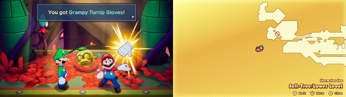 Mario and Luigi getting the Grampy Turnip Gloves from the Golden Grampy Turnip in Soli-Tree from Mario & Luigi: Brothership.