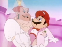 Queen Rotunda holding Mario in The Super Mario Bros. Super Show! episode "Love 'Em and Leave 'Em"