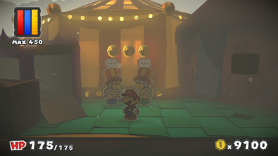 Mario near 3 Coins in The Emerald Circus of Paper Mario: Color Splash.
