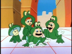A scene from "The Ugly Mermaid" showing Mario, Luigi, Toad, and Princess Toadstool in Frog Suits
