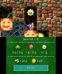 Smiley Flower 5: Held inside a hidden Winged Cloud shortly after the previous area. Blue Yoshi encounters two pairs of orange moving blocks, the second of which rotates under a small alcove where the Winged Cloud is located.