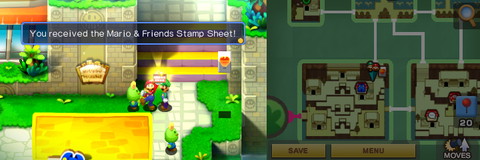 Mario getting the Mario & Friends Stamp Sheet from a young beanish dude found between Starbeans Cafe and stairs in the town part of Beanbean Castle of Mario & Luigi: Superstar Saga + Bowser's Minions.