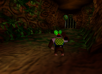 A green Banana Balloon, a set of green Banana Coins and a setup for a Golden Banana for Chunky Kong in Creepy Castle.