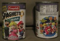 An appearance of stock artwork of Mario, Luigi, Princess Peach and Toad against a circular background that was used for Campbell's Spaghetti-O's cans and edited for temporary box art of Mario Party: Star Rush