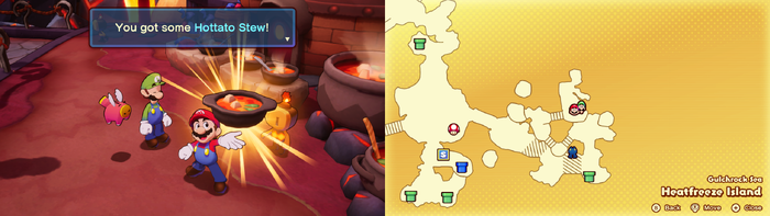 Mario being given the Hottato Stew by the village resident on Heatfreeze Island of Mario & Luigi: Brothership.