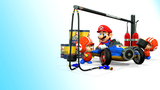 Toads attaching wheels to Mario's kart