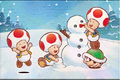A painting of Toads making a snowman