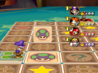 Waluigi about to get a cursed mushroom in Card Party the game Mario Party 5.