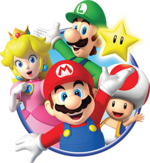 Stock promotional artwork of Mario, Luigi, Princess Peach, and Toad. This image has been used on various products and promotional material, including a webpage promoting the "Nintendo Experience Tour" event held at Simon Mall locations from August 31 to November 3 of 2013. It was later edited for use on the pre-release Mario Party: Star Rush boxart, sparking a rumor that the edited artwork originated from cans of Spaghetti-O's.
