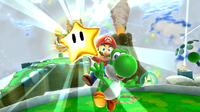 Mario and Yoshi get a Power Star in the Yoshi Star Galaxy of Super Mario Galaxy 2.
