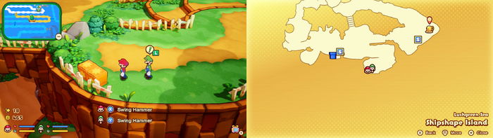 Mario and Luigi near wooden crates containing a 10-Coin on Shipshape Island of Mario & Luigi: Brothership.