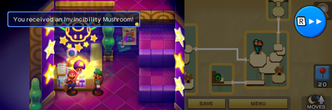 Mario getting the Invincibility Mushroom from the Little Fungitown Arcade owner in Little Fungitown part of Teehee Valley of Mario & Luigi: Superstar Saga + Bowser's Minions.