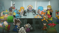 A screenshot of WarioWare: Get It Together! showing the cast in an office room.