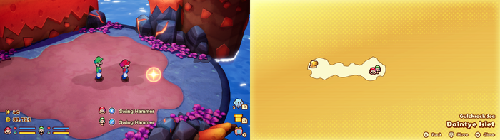 Mario and Luigi near Rainbow Medallion on Daintye Islet of Mario & Luigi: Brothership.