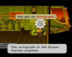 Mario getting an Autograph from the engineer on Excess Express of Paper Mario: The Thousand-Year Door.