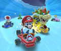 The icon of the Luigi Cup challenge from the 2020 Trick Tour and the Pink Gold Peach Cup challenge from the Snow Tour in Mario Kart Tour
