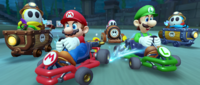 Mario, Luigi, Pink Shy Guy, Yellow Shy Guy (Explorer), and Light-blue Shy Guy (Explorer) participating in the 2023 Exploration Tour's 2-Player Challenge in Mario Kart Tour