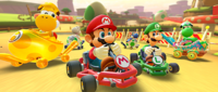 Mario, Luigi, Yoshi (Gold Egg), Yoshi (Egg Hunt), White Yoshi, and Blue Yoshi participating in the 2022 Yoshi Tour's 2-Player Challenge in Mario Kart Tour