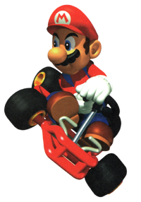Artwork of Mario performing a drift from Mario Kart 64
