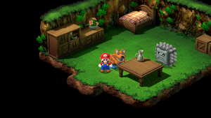 Chow giving Mario Attack Scarf and Super Suit for doing 30 and 100 Super Jump consecutively in the Monstro Town of Super Mario RPG.