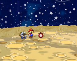 Mario after destroying the rock containing a Stopwatch on the Moon of Paper Mario: The Thousand-Year Door.