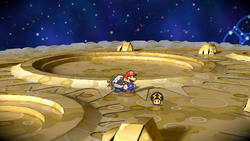 Mario after destroying the rock containing a Volt Mushroom on the Moon of Paper Mario: The Thousand-Year Door for Nintendo Switch.