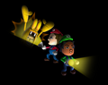 Three Miis (in Mario, Luigi, and Gold Ghost costumes) in Luigi's Ghost Mansion