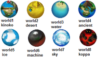 Unused flat 3D model graphics, including the early names and themes for Worlds 4 and 6.