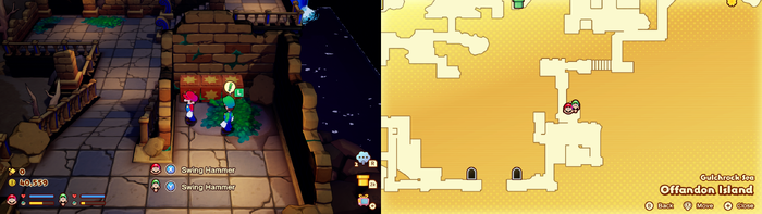 Mario and Luigi near wooden crates containing 2 Five Coins on Offandon Island of Mario & Luigi: Brothership.