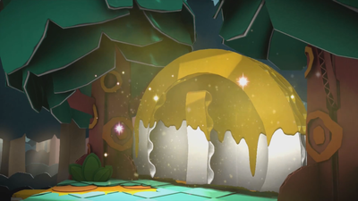 The giant coin in Mondo Woods colored by the Yellow Paint Star.