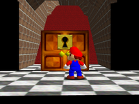 The black room of death glitch from Super Mario 64. Mario is behind a locked door.