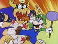 Luigi kicking Bowser while holding a hammer