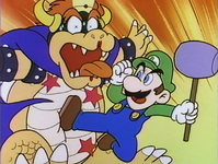 Luigi kicking Queen Bowser in Super Mario Shirayuki-hime