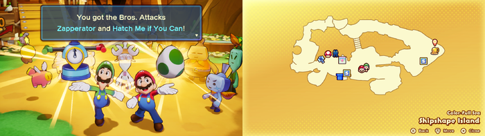 Mario and Luigi being given the Zapperator and the Hatch Me if You Can Bros. Attacks by Technikki on Shipshape Island of Mario & Luigi: Brothership.