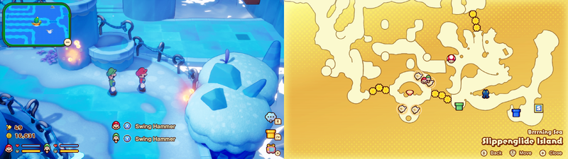 Mario and Luigi near 2 Sprite Bulb Nests on Slippenglide Island of Mario & Luigi: Brothership.