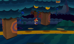 Mario near a tree containing 2 Coins and a Jump Sticker in Strike Lake of Paper Mario: Sticker Star.