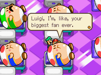 A blorbs-infected Toad claims to be Luigi's biggest fan.