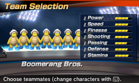 Boomerang Bros.' stats in the soccer portion of Mario Sports Superstars