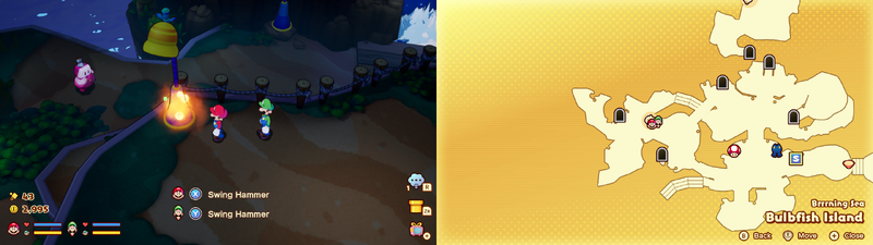 Mario and Luigi near a Sprite Bulb Nest on Bulbfish Island of Mario & Luigi: Brothership.