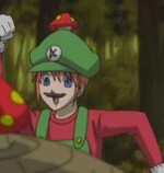 Kagura jumping as Luigi.