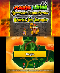 The title screen of Mario & Luigi: Bowser's Inside Story + Bowser Jr.'s Journey.
