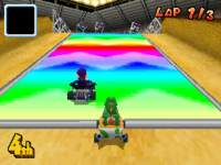 Yoshi and Waluigi on a Dash Panel in Wario Stadium in the game Mario Kart DS.